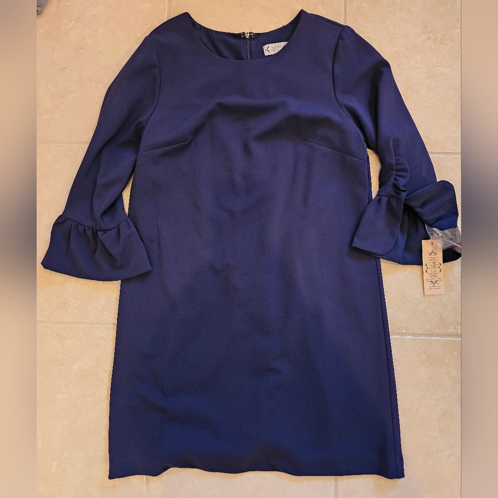 NWT Nanette Lepore Dark Navy Bell Sleeve Sheeth Dress Size 10